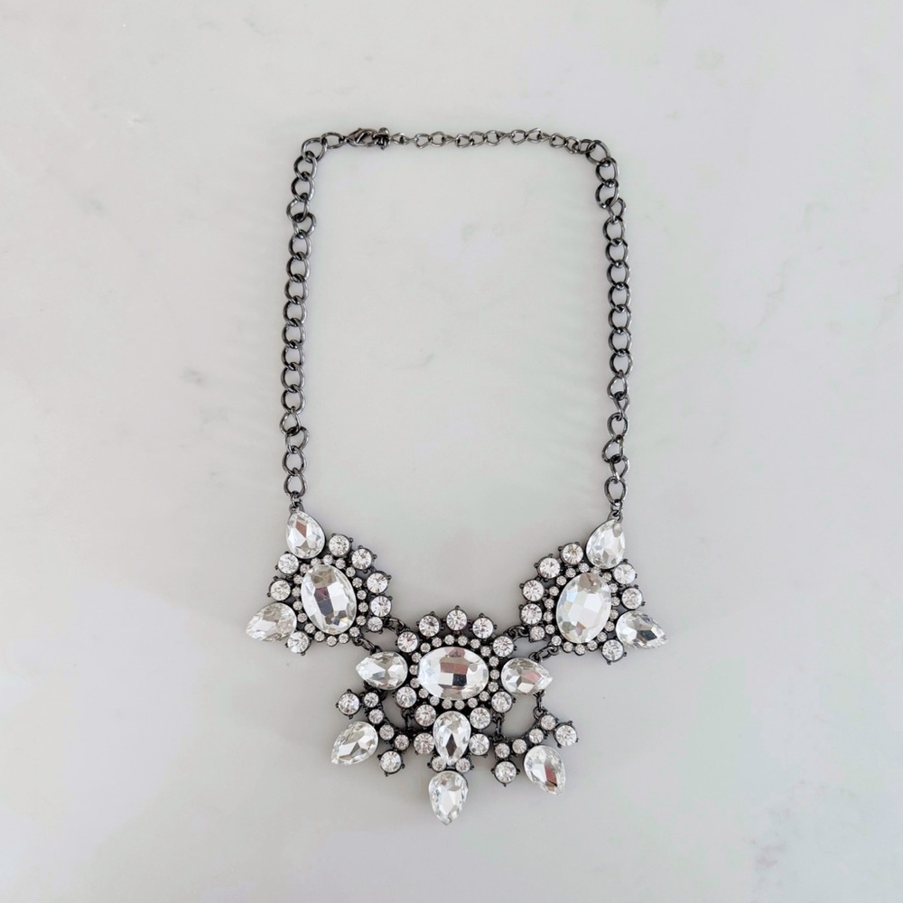 Rhinestone Embellished Statement Bib Necklace, Adjustable Gunmetal Hardware